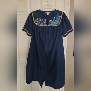 Go Softly Patio Embroidered Peacock Short Sleeve Zip Front Denim Dress L